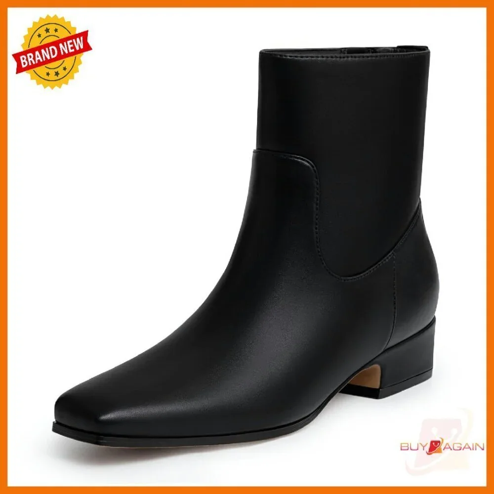 Women's Chunky Low Heel Ankle Boots Square Toe Side Zipper Booties
